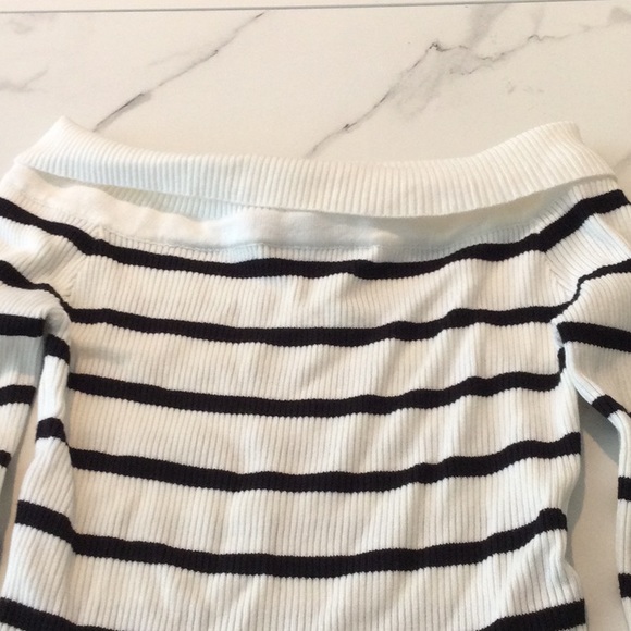 NWT. Cider cream white with black striped off shoulder knit sweater, small. - Picture 2 of 3